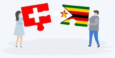 İsviçre ve Zimbabve bayrakları ile iki bulmaca parçaları tutan çift. İsviçre ve Zimbabve ulusal sembolleri birlikte.