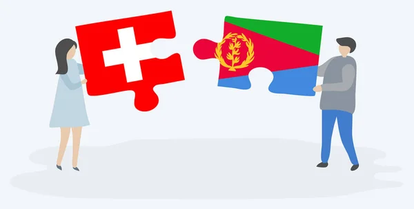 Para Trzyma Dwa Kawałki Puzzli Szwajcarską Erytrean Flagi Szwajcarią Erytrei — Wektor stockowy