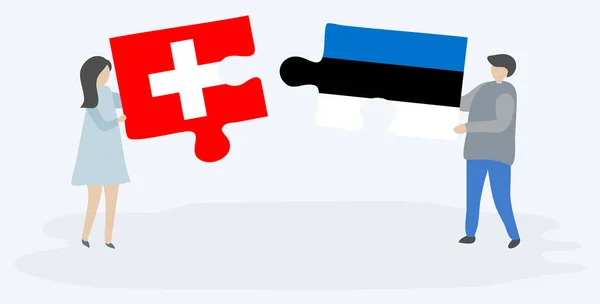 Couple Holding Two Puzzles Pieces Swiss Estonian Flags Switzerland Estonia — Stock Vector