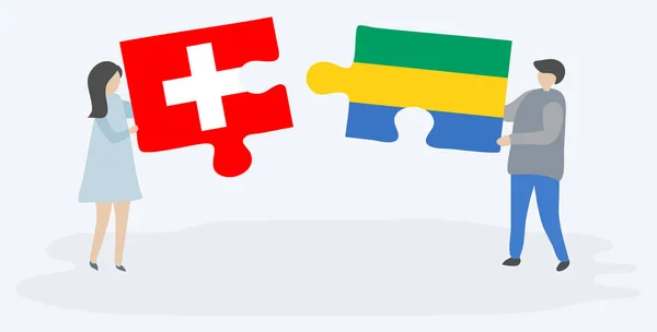 Pareja Sosteniendo Dos Piezas Rompecabezas Con Banderas Suizas Gabonesas Suiza — Archivo Imágenes Vectoriales