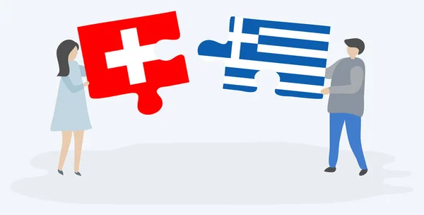 Ζευγάρι Που Κρατά Δύο Κομμάτια Παζλ Ελβετικές Και Ελληνικές Σημαίες — Διανυσματικό Αρχείο