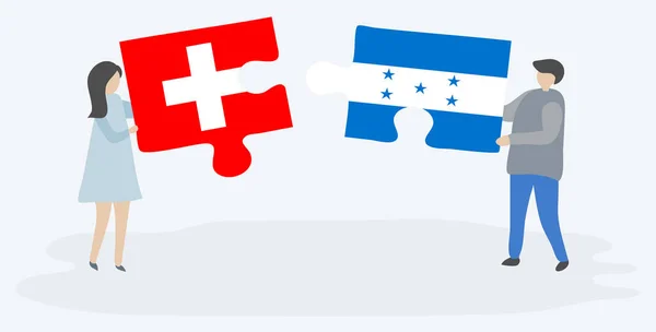 Par Som Innehar Två Pusselbitar Med Schweiziska Och Honduranska Flaggor — Stock vektor