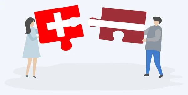Couple Holding Two Puzzles Pieces Swiss Latvian Flags Switzerland Latvia — Stock Vector