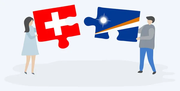 Pareja Sosteniendo Dos Piezas Rompecabezas Con Banderas Suizas Marshallesas Suiza — Archivo Imágenes Vectoriales