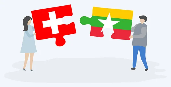 Casal Segurando Duas Peças Quebra Cabeças Com Bandeiras Suíças Birmanesas —  Vetores de Stock