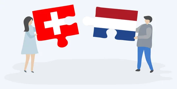 Par Som Innehar Två Pusselbitar Med Schweiziska Och Holländska Flaggor — Stock vektor