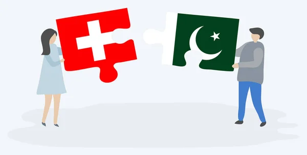 一对夫妇拿着两块拼图 上面挂着瑞士和巴基斯坦国旗 瑞士和巴基斯坦国家符号在一起 — 图库矢量图片