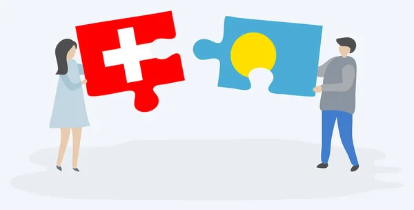 Пара Держащая Две Головоломки Швейцарскими Палауанскими Флагами Государственные Символы Швейцарии — стоковый вектор
