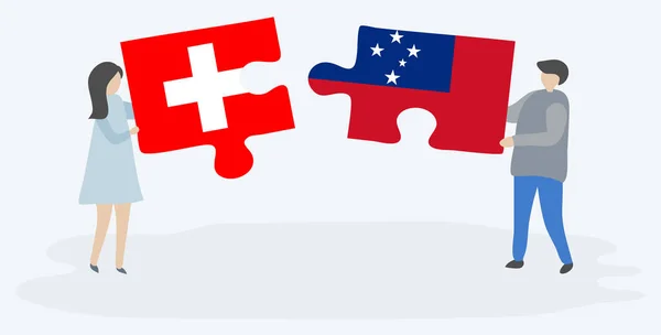 一对夫妇拿着两块拼图 上面挂着瑞士和萨摩亚国旗 瑞士和萨摩亚国家符号在一起 — 图库矢量图片