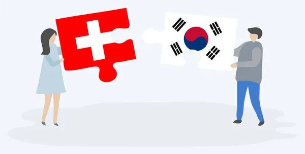 一对夫妇拿着两块拼图 上面挂着瑞士和韩国国旗 瑞士和韩国的国家符号在一起 — 图库矢量图片