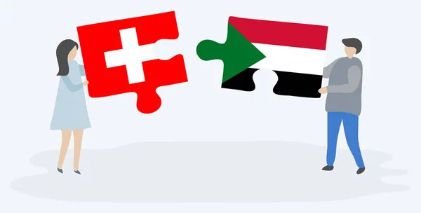 Pareja Sosteniendo Dos Piezas Rompecabezas Con Banderas Suizas Sudanesas Suiza — Archivo Imágenes Vectoriales