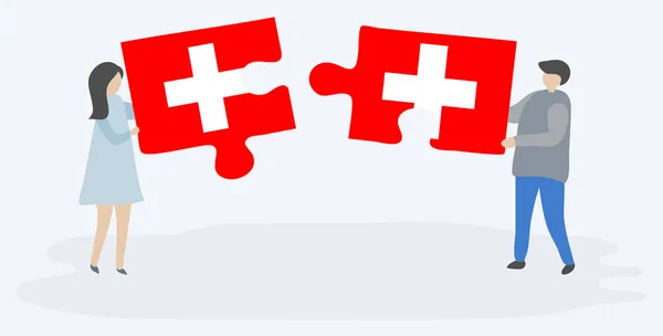 Casal Segurando Duas Peças Quebra Cabeças Com Bandeiras Suíças Suíças —  Vetores de Stock