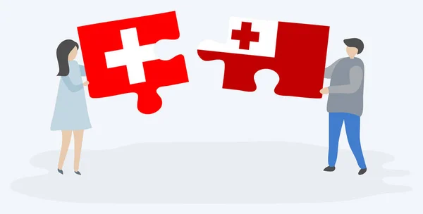 Par Som Innehar Två Pusselbitar Med Schweiziska Och Tongan Flaggor — Stock vektor