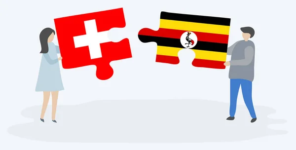 Para Trzymania Dwóch Puzzli Szwajcarskimi Ugandy Flagi Szwajcaria Uganda Symbole — Wektor stockowy