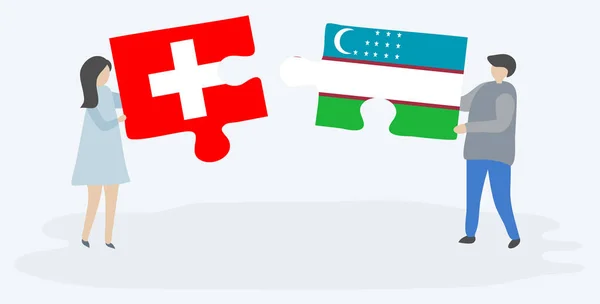 Pareja Sosteniendo Dos Piezas Rompecabezas Con Banderas Suizas Uzbekas Suiza — Archivo Imágenes Vectoriales