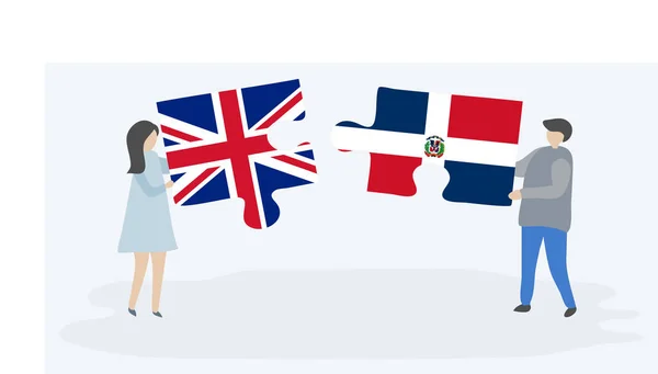 Pareja Sosteniendo Dos Piezas Rompecabezas Con Banderas Británicas Dominicanas Reino — Vector de stock