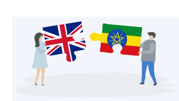 Couple Holding Two Puzzles Pieces British Ethiopian Flags United Kingdom — Stock Vector