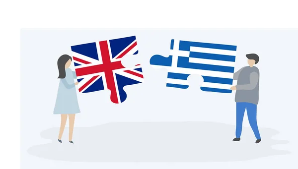 Pareja Sosteniendo Dos Piezas Rompecabezas Con Banderas Británicas Griegas Reino — Vector de stock