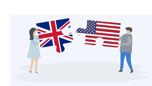 Paar Houden Twee Puzzels Stukken Met Britse Amerikaanse Vlaggen Verenigd — Stockvector