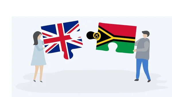 Couple Holding Two Puzzles Pieces British Vanuatuan Flags United Kingdom — Stock Vector