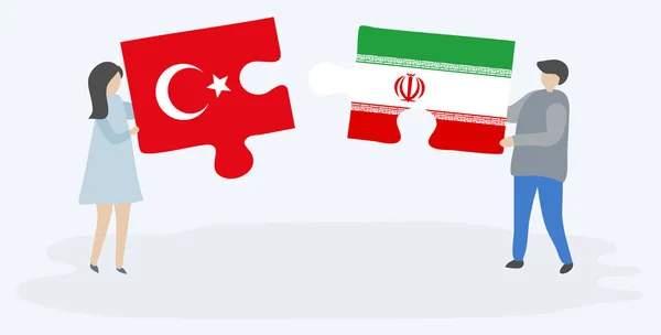 Coppia Con Due Pezzi Puzzle Con Bandiere Turche Iraniane Turchia — Vettoriale Stock