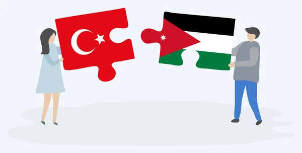 Par Som Innehar Två Pusselbitar Med Turkiska Och Jordanska Flaggor — Stock vektor