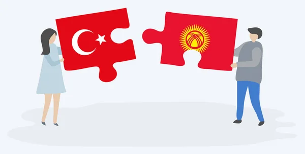 Türk Kırgız Bayraklarıyla Iki Bulmaca Tutan Çift Türkiye Kırgızistan Ulusal — Stok Vektör