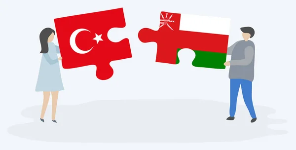 Casal Segurando Duas Peças Quebra Cabeças Com Bandeiras Turcas Omanis —  Vetores de Stock