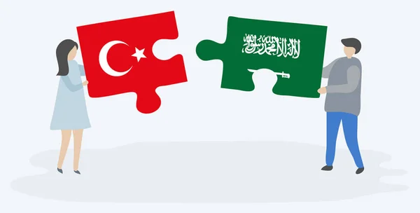 一对夫妇拿着两块拼图 上面挂着土耳其和沙特阿拉伯国旗 土耳其和沙特阿拉伯国家符号在一起 — 图库矢量图片