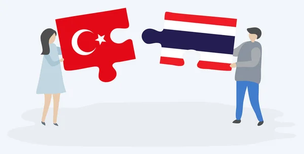 夫妇拿着两个拼图片与土耳其和泰国国旗 土耳其和泰国的国家符号在一起 — 图库矢量图片