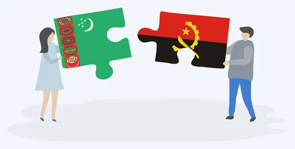 Coppia Contenente Due Pezzi Puzzle Con Bandiere Turkmene Angolane Turkmenistan — Vettoriale Stock