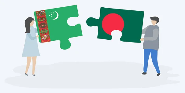 Pareja Sosteniendo Dos Piezas Rompecabezas Con Banderas Turcomanas Bangladesíes Turkmenistán — Vector de stock