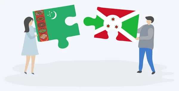 Pareja Sosteniendo Dos Piezas Rompecabezas Con Banderas Turcomanas Burundesas Turkmenistán — Vector de stock