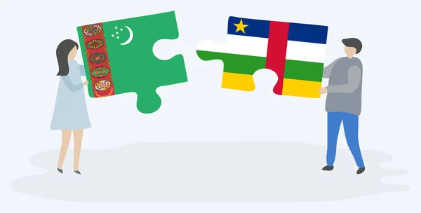 Pareja Sosteniendo Dos Piezas Rompecabezas Con Banderas Turcomanas Centroafricanas Turkmenistán — Vector de stock