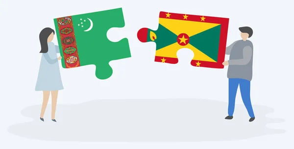 Pareja Sosteniendo Dos Piezas Rompecabezas Con Banderas Turcomanas Granadinas Turkmenistán — Vector de stock