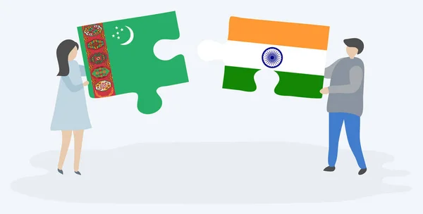 Couple Tenant Deux Pièces Puzzles Avec Des Drapeaux Turkmènes Indiens — Image vectorielle