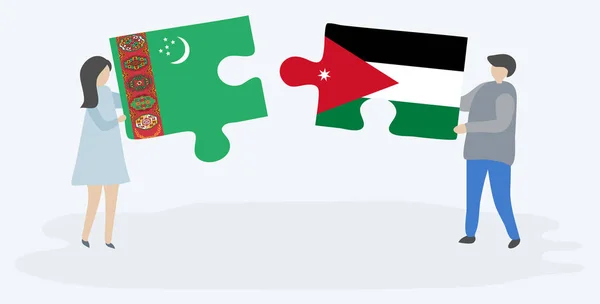 トルクメンとヨルダンの旗を持つ2つのパズルピースを持つカップル トルクメニスタンとヨルダンの国のシンボル — ストックベクタ