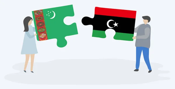 Paar Mit Zwei Puzzleteilen Mit Türkischen Und Libyschen Flaggen Türkmenistan — Stockvektor