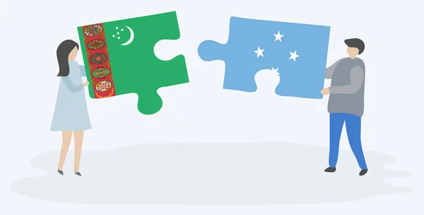 Pareja Sosteniendo Dos Piezas Rompecabezas Con Banderas Turcomanas Micronesianas Turkmenistán — Vector de stock