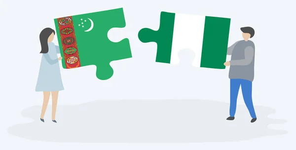 Pareja Sosteniendo Dos Piezas Rompecabezas Con Banderas Turcomanas Nigerianas Turkmenistán — Vector de stock