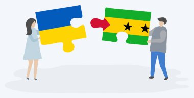 Çift Ukrayna ve Sao Tomean bayrakları ile iki bulmaca parçaları tutan. Ukrayna ve Sao Tome ve Principe ulusal semboller birlikte.