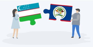 Özbek ve Belizean bayrakları ile iki bulmaca parçaları tutan çift. Özbekistan ve Belize ulusal sembolleri birlikte.
