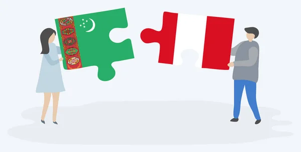 Pareja Sosteniendo Dos Piezas Rompecabezas Con Banderas Turcomanas Peruanas Turkmenistán — Vector de stock