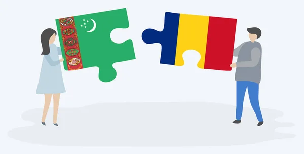 Pareja Sosteniendo Dos Piezas Rompecabezas Con Banderas Turcomanas Rumanas Turkmenistán — Vector de stock