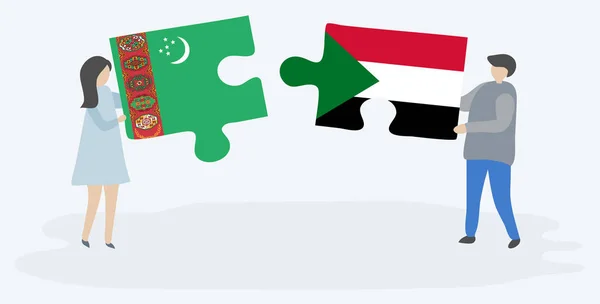 Pareja Sosteniendo Dos Piezas Rompecabezas Con Banderas Turcomanas Sudanesas Turkmenistán — Vector de stock