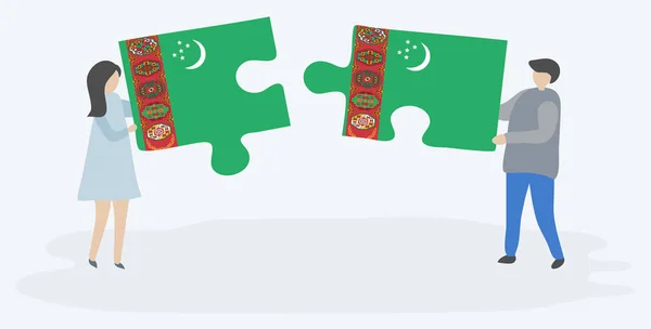 Pareja Sosteniendo Dos Piezas Rompecabezas Con Banderas Turcomanas Turcomanas Turkmenistán — Vector de stock