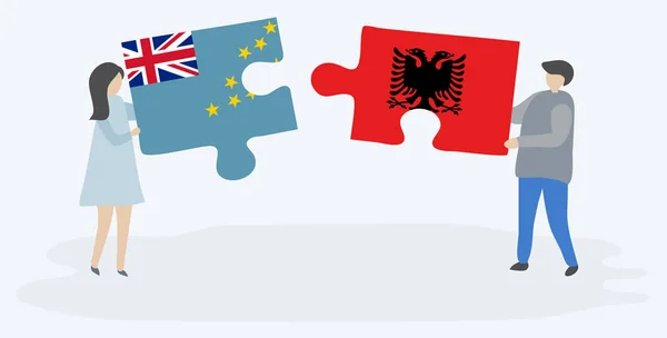 Couple Holding Two Puzzles Pieces Tuvaluan Albanian Flags Tuvalu Albania — Stock Vector