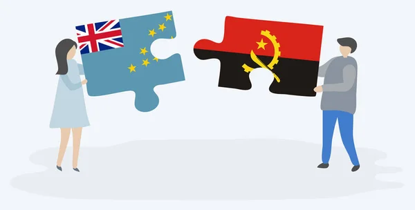 Para Trzyma Dwa Kawałki Puzzli Tuvaluan Angolan Flagi Tuvalu Angola — Wektor stockowy