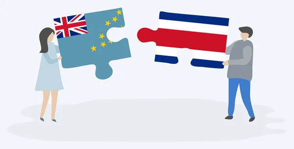 Pareja Sosteniendo Dos Piezas Rompecabezas Con Banderas Tuvaluan Costa Rica — Archivo Imágenes Vectoriales