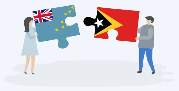Para Trzyma Dwa Kawałki Puzzli Tuvaluan Timorese Flagi Tuvalu Timor — Wektor stockowy
